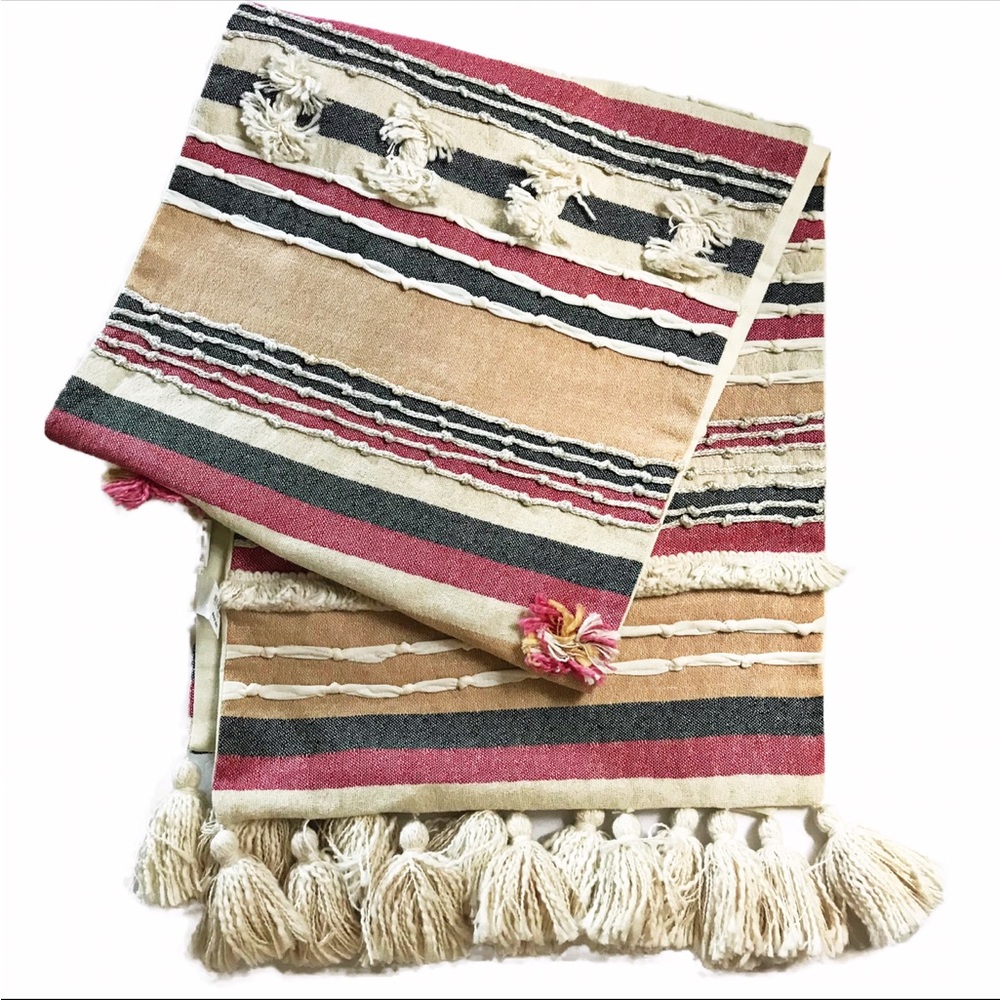 Pier 1 Imports Embellished Tassel Striped Table Runner NWT